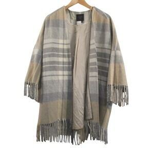 Helene London Womens Plaid Longline Poncho Jacket M Beige Fringe Lined  Luxury
